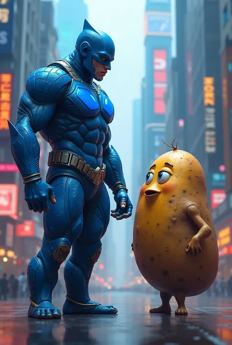 A blue superhero talking to a potato 