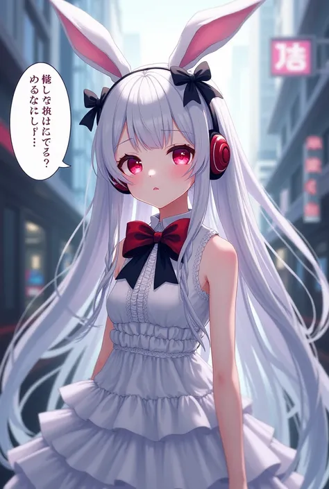 Pretty girl with white skin、Big Red Eyes、Long, fluffy white hair（Stylish hair decorated with a large black hair ribbon and braids, with white bunny ears、Wearing a white ruffled dress、In the speech bubble, standing and looking at the viewer,"I owe you"Pink ...