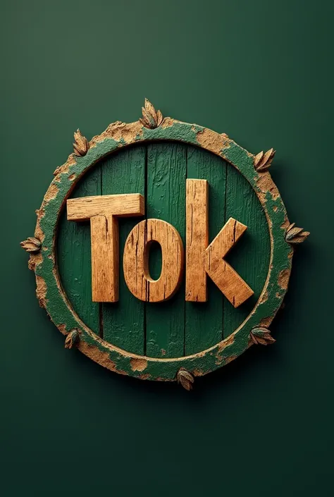 I want a logo with the TOK brand in wood with a green patina circle 