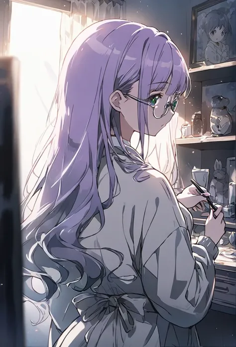 ilustrador, Japanese cartoons , Practical , sketch , masterpiece, best quality, ultra detailed, exquisite, beautiful, A bunny-style girl is putting on makeup in front of a dresser, wearing glasses, green eyes, long straight light purple hair, and a nice bu...