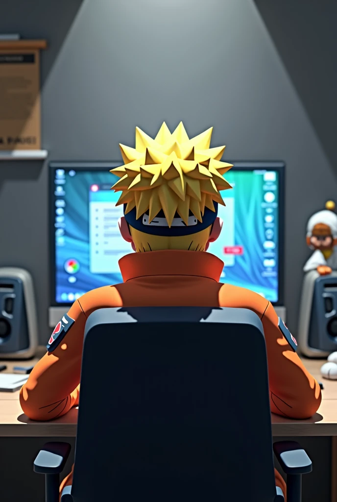 NARUTO setting on chair facing computer