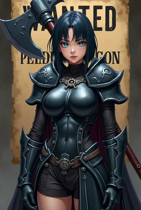  Eichiro Oda one piece traits One , female big boobs hot independent Name: Pendragon, cabelo grande, olho de fera azul short black hair and 20 years old, black metal armor, blue colored eyes, Machado de guerra com cabo comprido nas costas , a mulher está d...