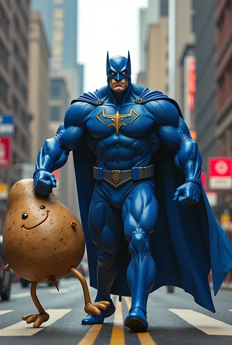 A blue superhero hits the potato
