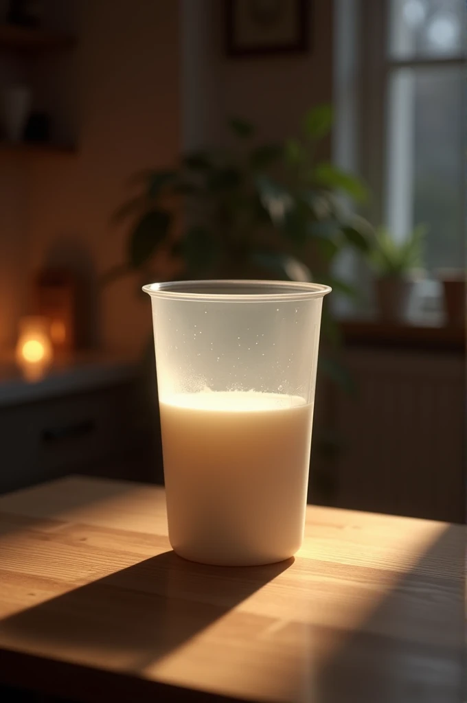 A plastic milk shape cup at home at night on the table 