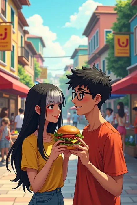 Girl with long black hair with white bangs, half brown, eating a hamburger with her brown-skinned boyfriend with short black hair, wearing glasses, half chubby, in the square 