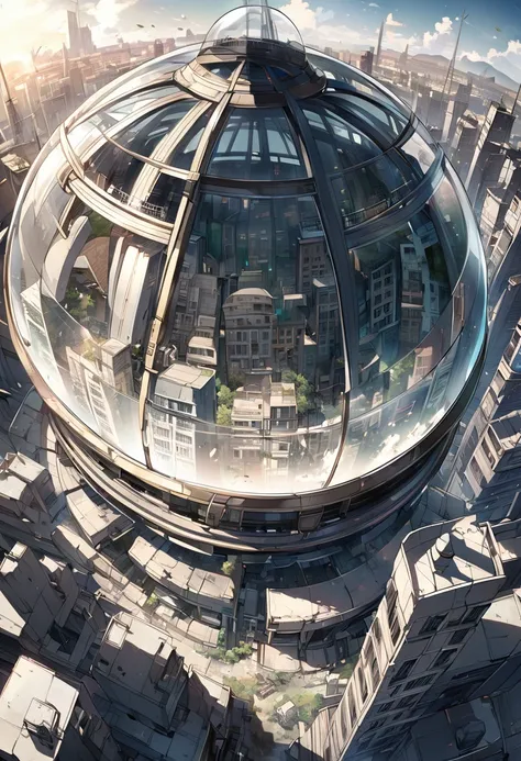 A panoramic view of a city enclosed in a large glass dome, around destroyed buildings anime style, seen from above 