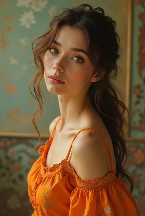 A woman with caramel eyes and brown hair wearing an old orange party dress