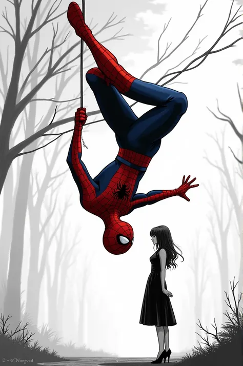 Make me a picture of Spiderman upside down with Marry Jane in black and white 