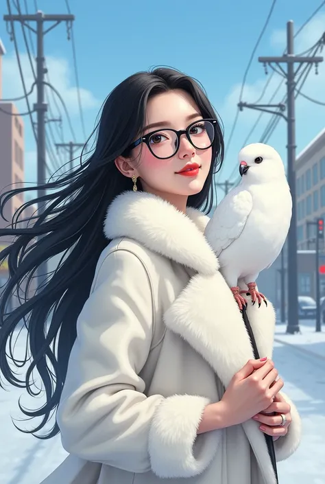 sam yang,, 1girl, animal, animal on shoulder, bird, black-framed eyewear, black eyes, black hair, blue sky, cityscape, clear sky, coat, day, earrings, eyewear hang, eyewear removed, fur coat, jacket, jewelry, long hair, looking to the side, outdoors, power...