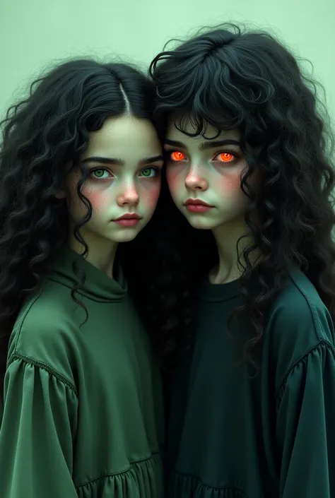 Create an image of a girl with long curly hair, black hair, green eyes and dark skin. Next to a white boy, black hair, red eyes. 