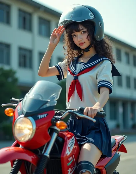 documentary photo, dramatic scene, very beautiful Japanese high school girl, bad girl, curly-haired, about to Ride on a motorcycle, in front of Japanese high school, masterpiece, (face focus:1.3), clear helmet visor, beautiful eyes, Yamaha off-road bike, S...