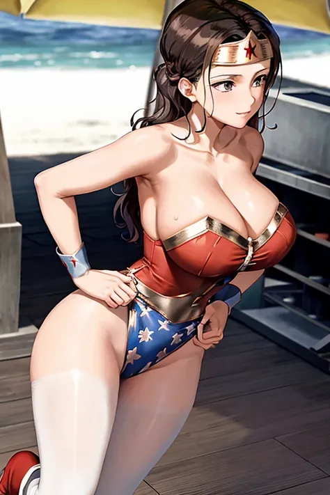 masterpiece, best quality, beautiful art, high resolution, well formed hands, body and fingers, 1 woman, solo,  Lynda Carter, full body picture, grown up, adult, large and big breasted, cleavage, hair ornament, wearing a wonder woman outfit , wonder_woman_...