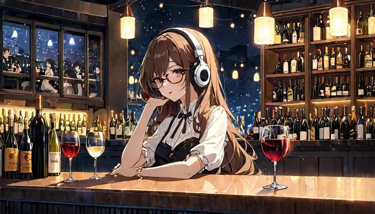 background：洗練されたWine bar at night。Dim lighting and candles create a nice atmosphere.、Glasses are lined up on the counter。
expression：リラックスしたexpression。Slowly sipping wine、Enjoying a peaceful time。
Costume：Elegant Dresses。Accessories reflect light、Make a gl...