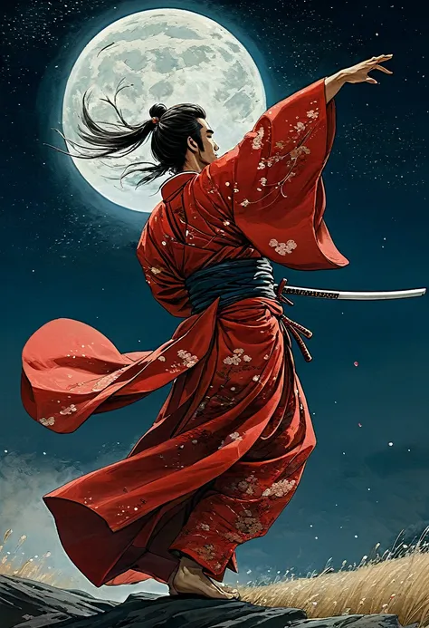 masterpiece, best quality, samurai in red kimono, cloth flowing in the air, moon, boreal steppe, sfw