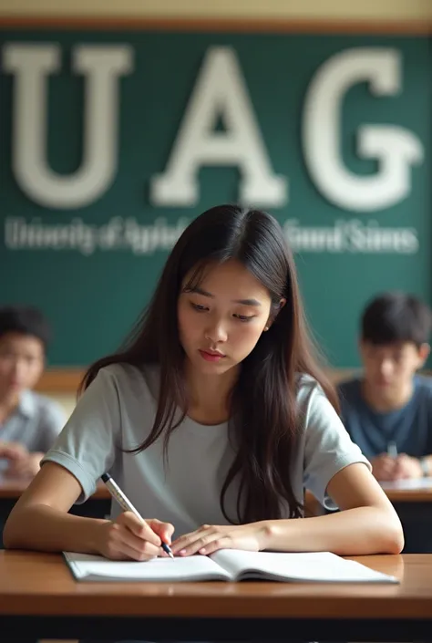 Give me a college student taking an exam and a UAG sign in the background