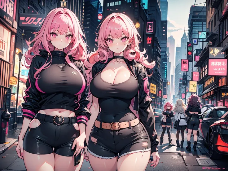 High detailed, 4 girls,large curly hair, different hair colors, pink eyes, busty, big breasts, firm plump body, black Bra, black jacket, heavy belt, mid-shorts, Serious, background a destroyed city 