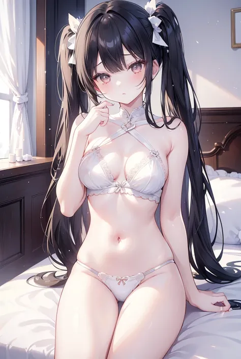 (Masterpiece)、Highest quality、Highest quality、High resolution、Two beautiful girls、One of them is a beautiful girl with black hair in twin tails and bangs.、The second person is a beautiful girl with medium-long white hair.、Close your eyes、to kiss、Shiny Hair...