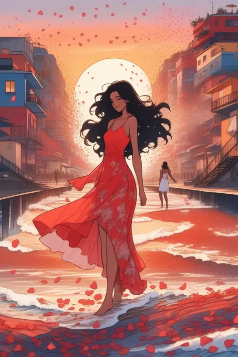 city with a beach and a hotel and a young white-skinned woman on the boardwalk with black wavy hair and a red dress. On the beach promenade petals fall to the ground. In the background, a favela full of colorful houses and a sunset 