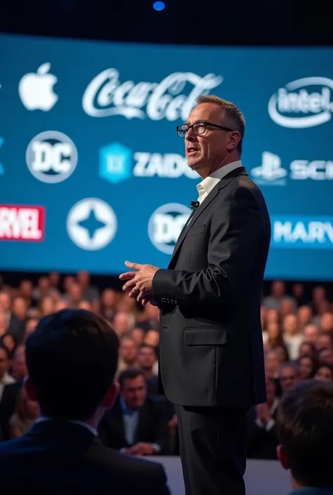 "Close-up half-body portrait" of a "realistic man wearing glasses in formal attire, giving a lecture on a stage to an audience." The photograph is taken from a "low-angle diagonal perspective in a journalistic style." Behind him, a "mural with various spon...