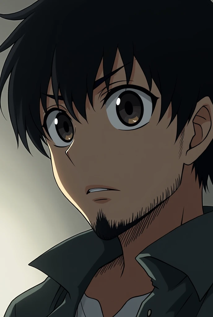 A 3 anime style man, tired and thin face, black hair and beard with lots of dark circles 