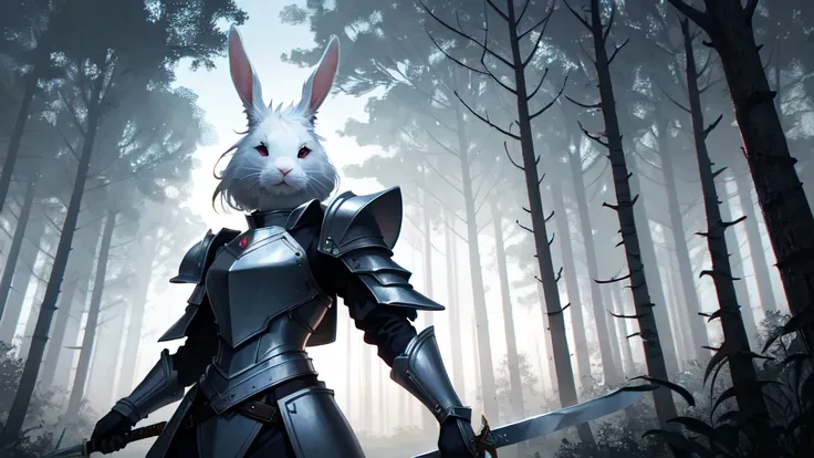 An animation style work，A white rabbit in armor，Hand holding a sword，Move forward with determination，The background is a dark forest，The dark sky is cloudy，The ground is sandy，An epic work，The power of encouragement，Heavy atmosphere，（from below:1.5）,High D...