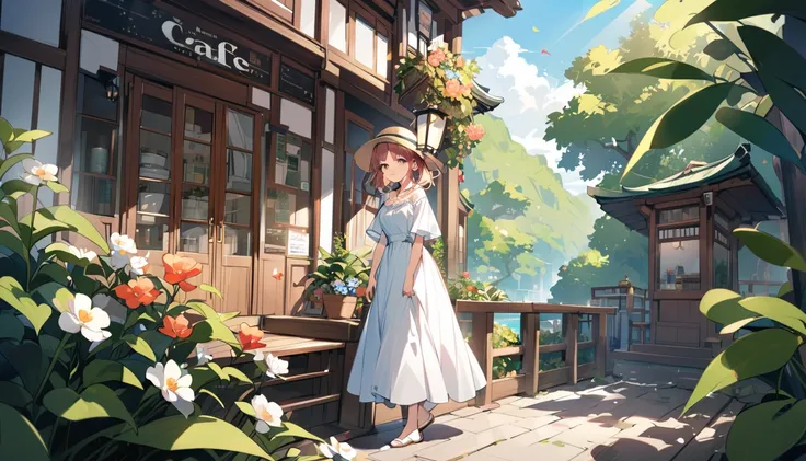 background：緑に囲まれたGarden Cafe。Flowers and plants are in full bloom、Sunlight filtering through the trees onto the terrace seats。
expression：A happy smile。With fresh air、Enjoying a relaxing time。
Costume：Light summer dress。Coloring that blends in with nature、...