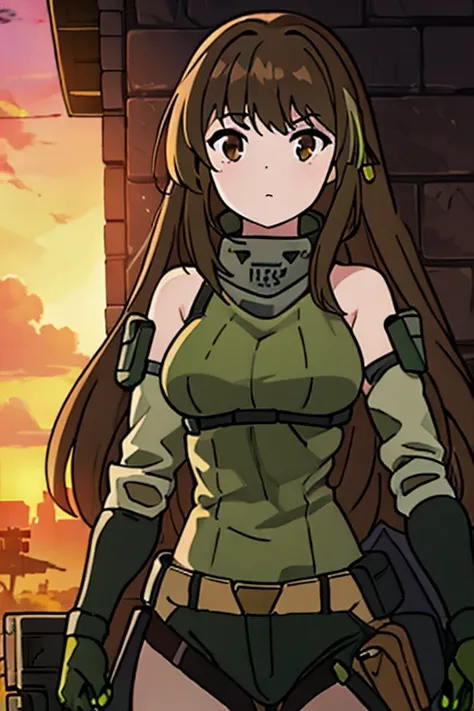 ((Highest quality)), ((masterpiece)), (detailed), One girl, Medium breast, Brown Hair, brown eyes, one green strand of hair, M4A1 (Girl Frontline), sunset background 