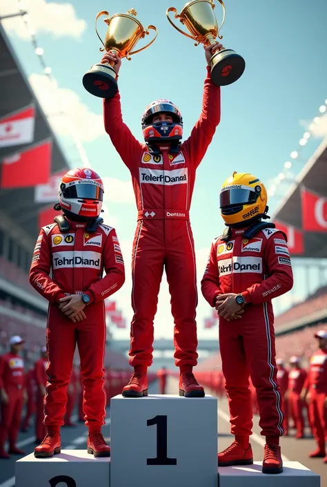 Formula 1 podium with Vettel, verstapen e ayrton senna