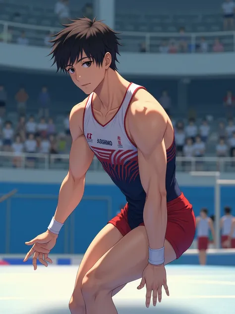 Japanese,25-30 years old, Handsome,  fair skin, black eyes（thin eyes 1：3) (Super detailed, Realistic, best quality, 4K, 8k, High resolution, masterpiece:1.3),  he is an athlete，He is participating in gymnastics competition，Put on gymnastics clothes，The bac...