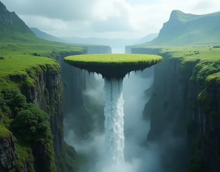 A breathtaking and surreal photograph of a waterfall that appears to flow from a circular, grassy plateau suspended high in the air, surrounded by towering cliffs. The waterfall cascades smoothly over the edge, creating a misty spray at the bottom where it...