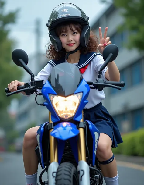 documentary photo, realistic, dramatic scene, very beautiful Japanese high school girl, bad girl, curly-haired, about to Ride on a motorcycle, in front of Japanese high school, masterpiece, (face focus:1.3), clear helmet visor, beautiful eyes, blue with wh...