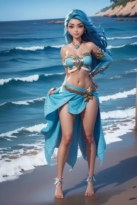 ((Full body photo, standing, feet on the floor)) Elsa-Moana Fusion, Fusionandomodels, La ropa de Moana., derritiendo, 1 chica, beautiful, personaje, mujer, femenino, playa, (master part:1.2), (best quality: 1.2), (Solo: 1.2), ((play pose)), ((battlefield))...