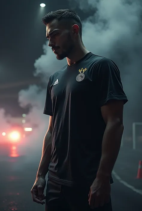 Now in front of the black shirt, put the design of the shirt as if there was smoke from a car that passed at full speed and a goal in the distance but that does not go beyond the shirt and can be seen in the direction to the left. 