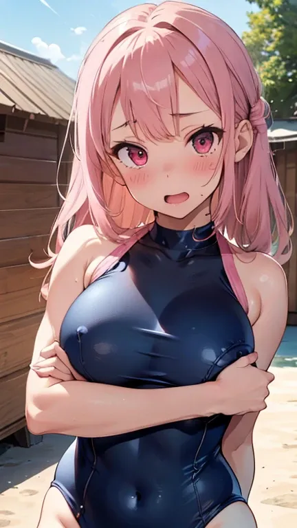 mastute piece,Best Quality,insanely detailed,8k cg,nsfw,
(shoot upper body:1.3),
(1girls:1.3),standing,looking at viewr,(body in front),(both arms behind back:1.4),(navy blue school swimsuit waitress costume:1.3),(bare breasts),break,
(blush:1.2),shy,(ecst...