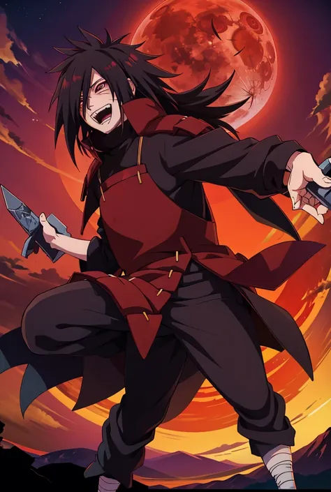 1 man, Madara Uchiha standing laughing holding a kunai, Whole body, anime tales Naruto Shippuden, a red moon in the background 