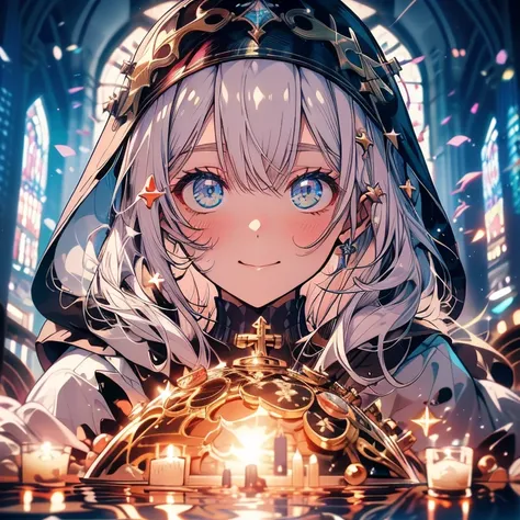 "A close-up of a beautiful Catholic nun from the chest up, bathed in pastel-colored backlight while praying with a smile inside a church at night. The image should focus only on her clothing and face, with the highest quality, masterpiece level, and a very...