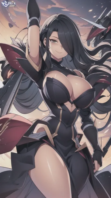 masterpiece,best quality,kim_kwang_hyun, 1woman, friedrich der grosse (azur lane), long pit black hair, hair over one eye, chunky, solo, pit black hair, Long hair, hair over one eye, large huge breasts, looking at viewer, Violet colored eyes, Sharp eyes,  ...