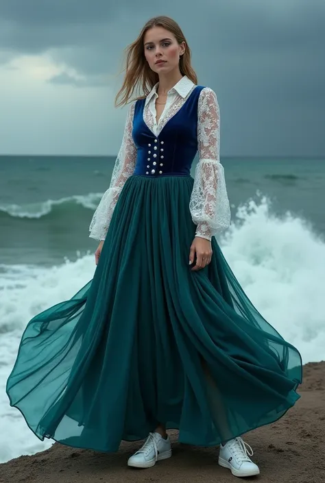 As(Change the color of the dress to royal green the waves crash against the shore, their powerful energy is captured in a dress that embodies the seas tumultuous nature. The top, crafted from rich, deep blue velvet, mirrors the stormy waters. The collar is...