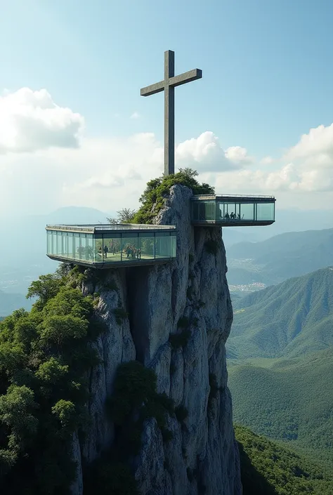 mountain Cerro Tecana Santa Ana El Salvador with a cross at the top to build a tourist center with two glass viewing points with a zip line with people throwing themselves higher up the viewing points on the hill completely transparent glass viewing points...