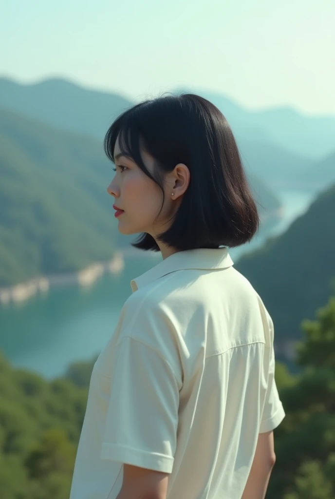 40s、woman、White shirt casual wear、The background is the scenery、Back view、Black haired Japanese、Bob Hair、Actual item、Live-action adaptation

