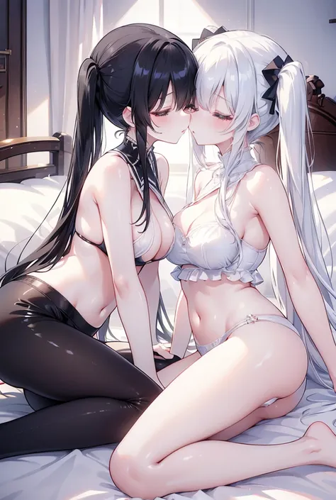 (Masterpiece)、Highest quality、Highest quality、High resolution、Two beautiful girls、One of them is a beautiful girl with black hair in twin tails and bangs.、The second person is a beautiful girl with medium-long white hair.、Close your eyes、to kiss、Shiny Hair...