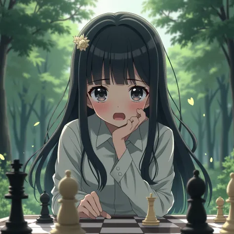 High Resolution, 1girl, Breasts, Bangs, Hair Ornament, Black Hair, Open Mouth, Long Hair, anime girl, playing chess, sad, outside at a park 