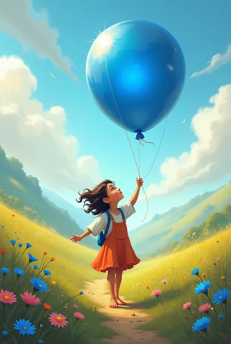 A girl on an adventure with a magical blue balloon