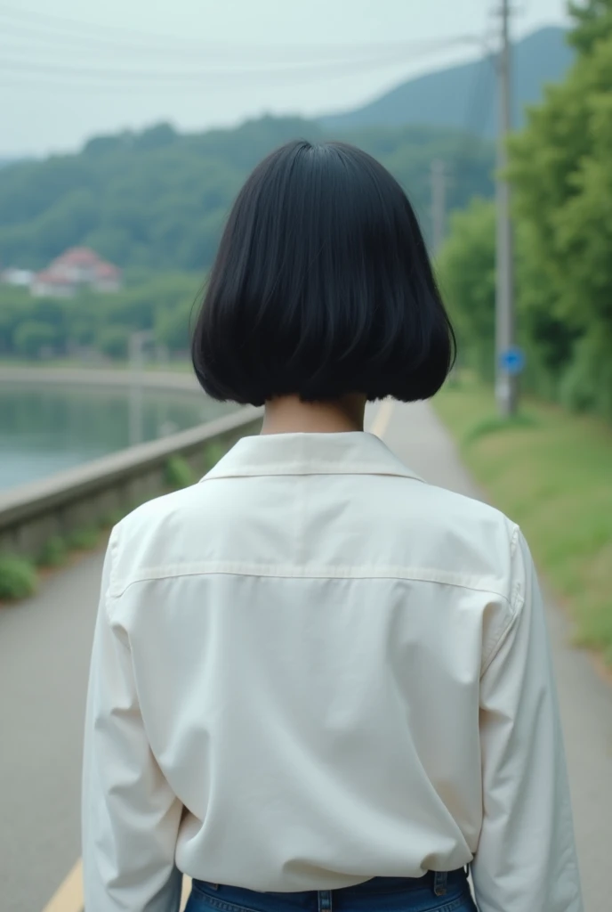 40s、woman、White shirt casual wear、The background is the scenery、Back view、Black haired Japanese、Bob Hair、Actual item、Live-action adaptation、Facing backwards

