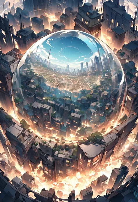 A city enclosed in a large glass dome, around destroyed houses anime style, Seen from the top 