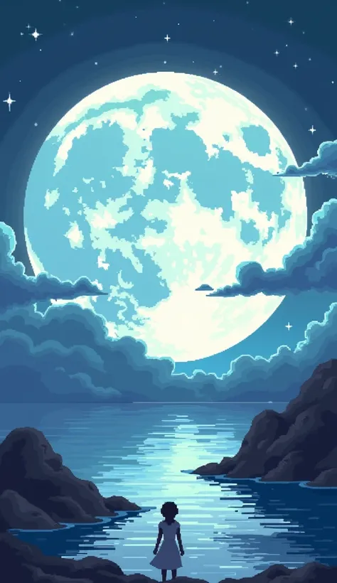 Pixel art of giant moon rising on calm sea, beautiful Detailed pixel art, Detailed pixel art, Lofidel retro video game, Concept pixel art, Detailed pixel artwork, Pixel art style, Pixel Town, Pixel Art Animation, High quality pixel art, Highly detailed col...