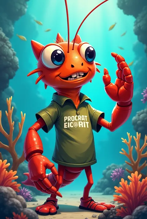 Create a pistol shrimp mascot with an ecotrat shirt

