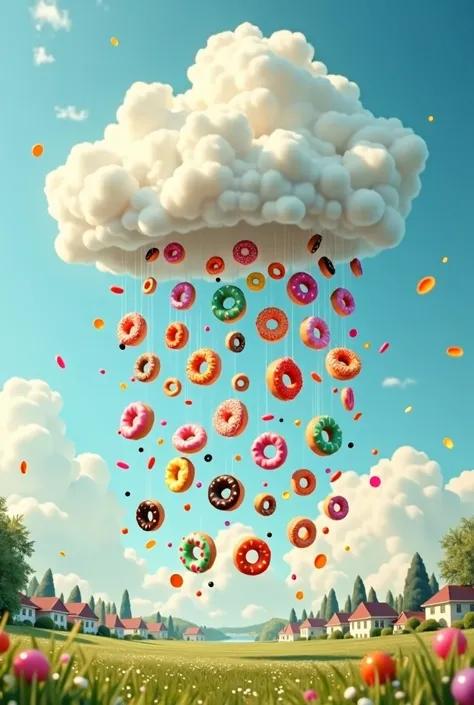 an ordinary cloud raining colorful donuts
