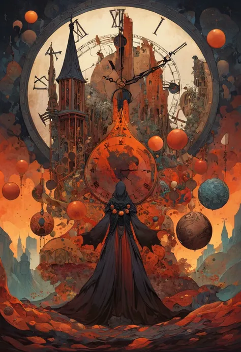 Peculiar and surreal artwork featuring a series of elements such as Gothic-style towers, a big clock, and floating spheres against a richly textured background. The palette is dominated by earthy tones with hints of blue and orange, creating a dynamic and ...