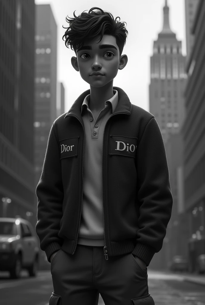 Generates an animated photo of a 20-year-old boy with a wide complexion and a night city in the background but with everything seen in black and white Specifications: The boy is 20 years old, has a big complexion, has curly hair, his clothes are a Dior swe...